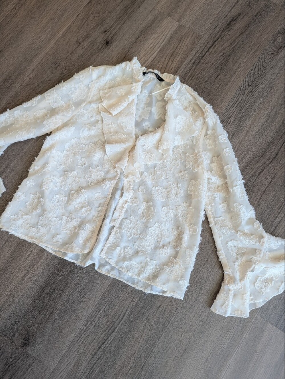 Zara Semi Sheer Off White Floral Appliqué Blouse Button Up